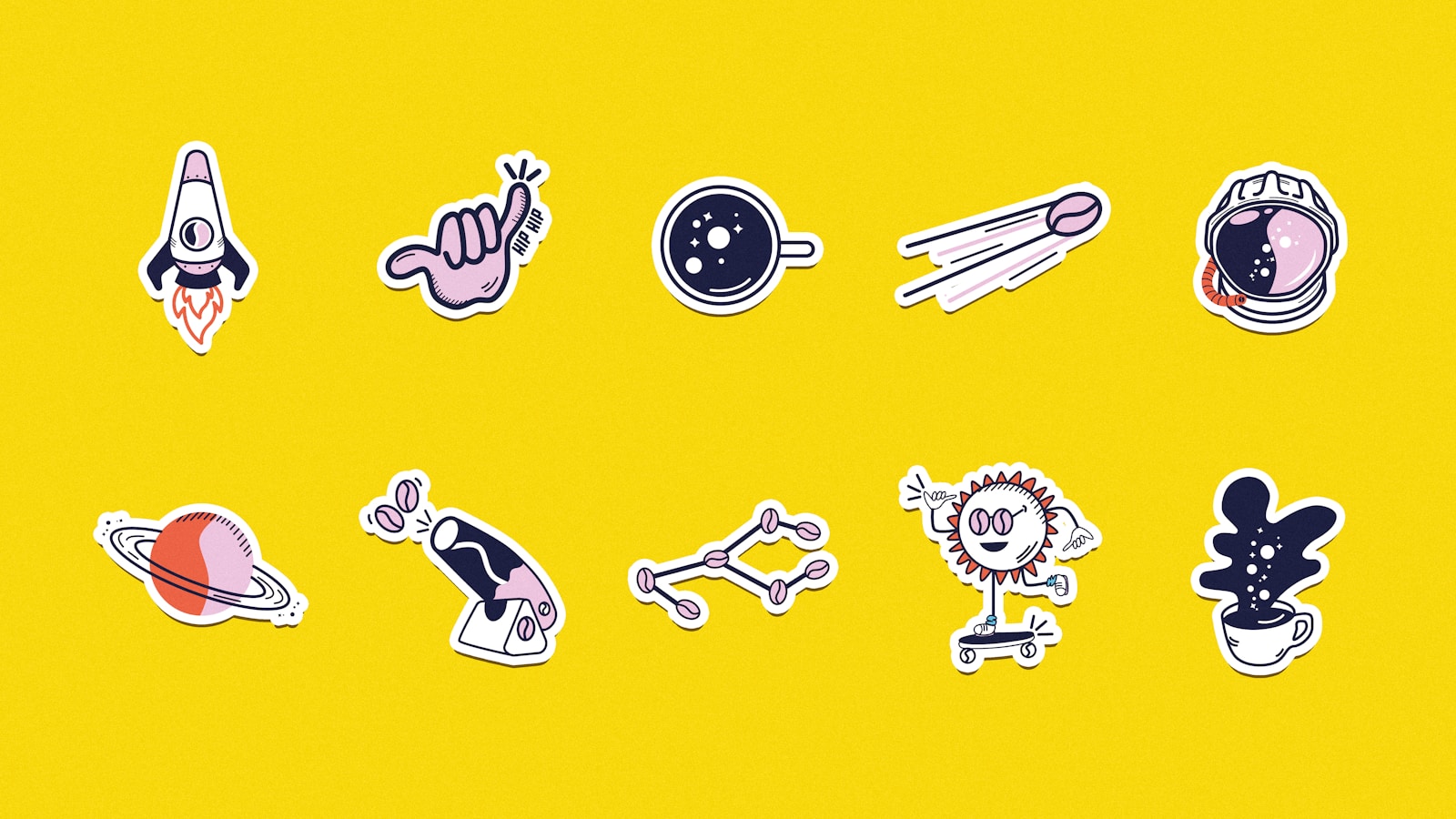 a bunch of stickers on a yellow background